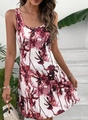 Detail von tropischem Palmen-3D-Druck und ärmellosem Schnitt am Boho-Kleid - S / Ziegelrot