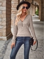 Dames slim V-hals geribde gebreide top in lichtbeige met verstelbare zilveren rits - S / Khaki