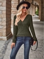 Top a maniche lunghe in maglia a costine verde scuro con scollo a V e zip per look casual - Verde Militare