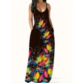 Damen ärmelloses Maxikleid mit V-Ausschnitt und Blumendruck, Sommerkleid mit Taschen - 1XL / Schwarz