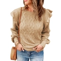Jersey beige de punto trenzado para mujer con volantes en hombros y manga larga - S / Caqui