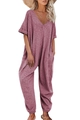 Detail of mauve V-neck short sleeve jumpsuit with side pockets and tapered cuffs - Fuschia