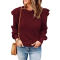 Jersey granate de punto trenzado para mujer con hombros de volantes y cuello redondo - S / Burdeos