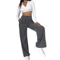 Women high waist dark grey corduroy wide leg pants casual loose straight trousers - S / Dark Gray