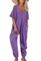 Detailansicht eines lila V-Ausschnitt Jumpsuits mit Seitentaschen und Bündchen am Bein - S / Lila