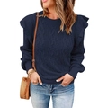 Women's loose cable-knit sweater in navy blue with ruffle shoulders and ribbed crewneck - Navy Blue