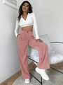 Detailed texture of pink corduroy wide-leg pants with high waist and side pockets - S / Pink