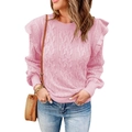 Pink cable knit sweater with ruffle shoulders and ribbed cuffs for women - Pink