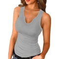 Close-up of gray ribbed knit tank top featuring a unique V-notch neckline detail - Gray