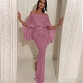 Detail view of pink sequin evening gown showing shimmering fabric and ruffle sleeves - 3XL / Dresses / Pink