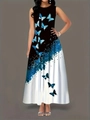 Détail de l'imprimé papillon et de l'effet d'éclaboussure bleue sur la robe sans manches - 3XL / Bleu sarcelle