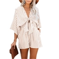 Vertical striped V-neck romper with batwing sleeves and tie waist detail for women - S / Khaki