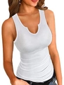 Slim fit white ribbed tank top for women featuring a stylish notch neck design - White