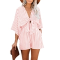 Women's striped V-neck romper with flared sleeves and drawstring waist in pink and white - S / Pink