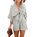 Women's V-neck striped romper with tie-front waist and flared sleeves for summer wear - S / Black and Gray