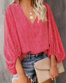 Detail of red floral V-neck blouse with lantern sleeves and bohemian print patterns - S / Tops / Red Floral