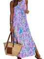 Ärmelloses Maxikleid mit Blumenmuster in Himmelblau, Boho-Stil mit Rundhalsausschnitt - S / Lila