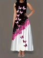 Détail de l'imprimé papillon rose et des paillettes sur une robe longue sans manches - 3XL / Rose foncé