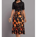 Elegantes Maxikleid mit schwarzem V-Ausschnitt und orangefarbenem Tulpenblütenmuster - S / Orange