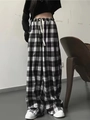 Pantalon large taille haute pour femme à carreaux noirs et blancs avec cordon de serrage - S / Noir