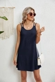 Detailed texture of navy blue sleeveless lace dress with delicate double shoulder straps - Navy Blue