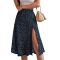 Floral A-line midi skirt in navy blue with high side slit and summer flower pattern - Blue