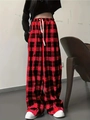 Pantalon femme taille haute à carreaux rouge et noir, jambe large avec cordon blanc - S / Bordeaux