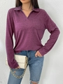 Détail du haut en maille violet chiné avec col polo et poche frontale pour femme - S / Rose Fuchsia Manches Longues