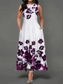 Ärmelloses weißes Maxikleid in Übergröße mit lila Blumendruck und Seitentaschen - 3XL / Weiß