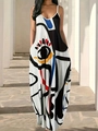 Dettaglio della stampa astratta multicolore su abito lungo estivo bianco con tasche - 1XL / Bianco