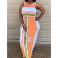 Robe longue sans manches à rayures colorées avec coupe ajustée et col rond chic - S / Rouge Orangé