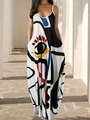 Women's V-neck digital abstract print maxi dress with spaghetti straps and side pockets - White