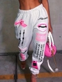 Light gray high-waisted harem joggers with pink prints and elastic cuffs for women - S / Off-White (Colored Letters & Gun)