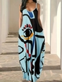 Robe longue à bretelles col V pour femme avec imprimé visage abstrait coloré - 1XL / Bleu Ciel