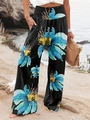 Detail of high-waist elastic waistband on floral wide-leg bohemian vacation trousers - Deep Sky Blue