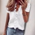 Women's white short sleeve blouse featuring layered ruffle V-neckline detail - S / Tops / Short Sleeve White