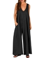 Detailed full view of a black sleeveless wide-leg jumpsuit with V-neck and pockets - S / Black