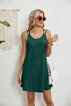 Detail of dark green eyelet mini dress with double shoulder straps and texture - Dark Green