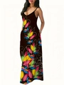 Detail of floral print on V-neck maxi dress with colorful flowers on black fabric - Yellow