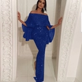 Funkelndes dunkelblaues schulterfreies Abendkleid mit Volants und Meerjungfrau-Schnitt - S / Blau