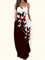 Detail view of V-neck summer dress with butterfly print, side pockets and spaghetti straps - Scarlet