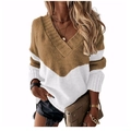 Women's V-neck knit sweater featuring brown and white geometric color block design - Striped Khaki