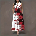 Détail de robe longue avec imprimé rose rouge, décolleté goutte d'eau et poches latérales - XL / Rouge