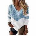 Loose v-neck women's knit sweater with blue leopard print color-block design for winter - Leopard Blue
