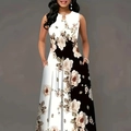Détail d'une robe maxi ligne A fleurie avec des poches latérales et une coupe sans manches - XL / Blanc
