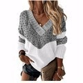 Women's V-neck pullover sweater featuring gray leopard print and white color block design - Leopard Gray