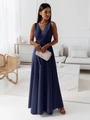 Robe longue bleu marine sans manches avec col en V, ceinture nouée et aspect soyeux - Bleu marine