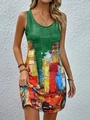 Abito estivo smanicato da donna verde smeraldo con stampa astratta di pittura a olio - 1XL / Verde