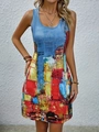 Abito smanicato taglie forti da donna con vivace stampa astratta stile pittura a olio - 1XL / Celeste