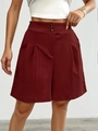 Detail of high-waisted burgundy shorts featuring vertical texture and double-button closure - S / Burgundy